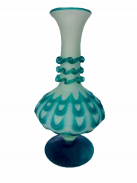 Persian Acid-Etched Glass Vase with Rigaree Neck, Hand-Blown Teal Form, 30 cm, 20th Century Revival of Classical Techniques