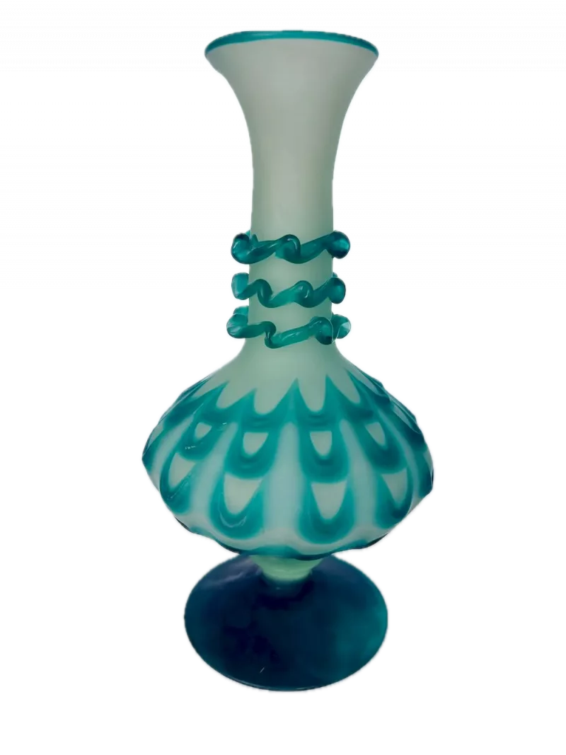 Persian Acid-Etched Glass Vase with Rigaree Neck, Hand-Blown Teal Form, 30 cm, 20th Century Revival of Classical Techniques