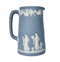 Antique Wedgwood Jasperware Pitcher 1930 Blue Dip Neoclassical Relief