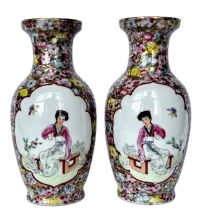 Vintage Chinese Famille Rose Vase Pair Millefleur Qianlong Mark 6.5”