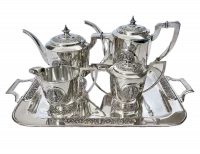 Thai Siam Sterling Silver Tea & Coffee Service with Tray, Repoussé Thep Phanom Medallions, Bangkok, Mid-20th Century