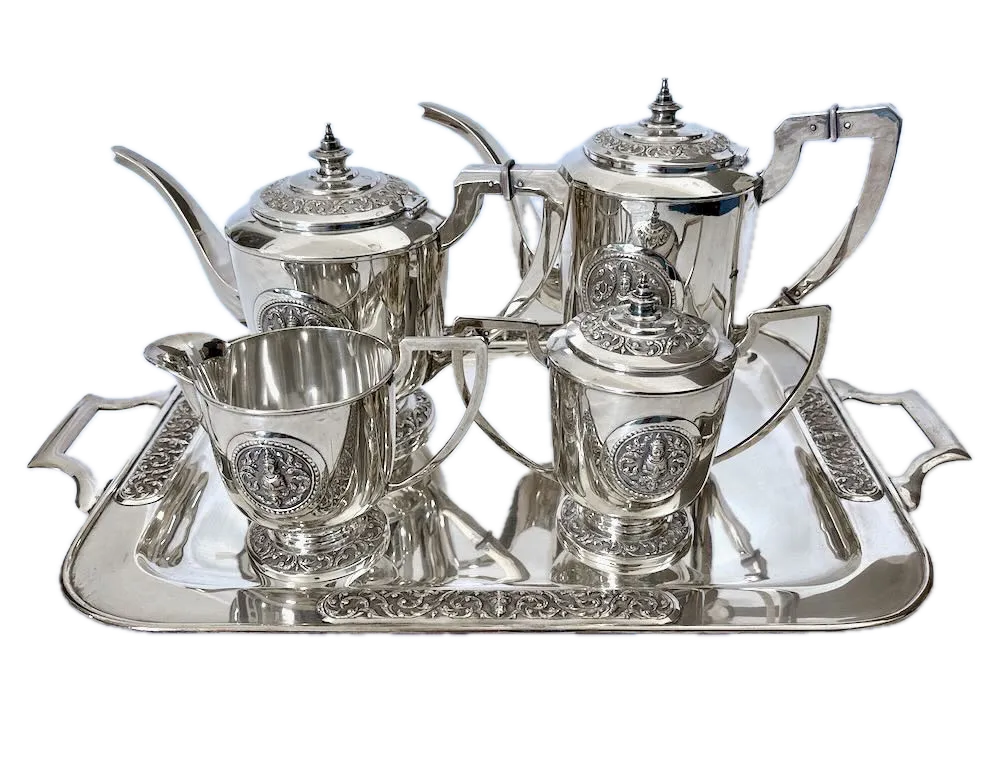 Thai Siam Sterling Silver Tea & Coffee Service with Tray, Repoussé Thep Phanom Medallions, Bangkok, Mid-20th Century