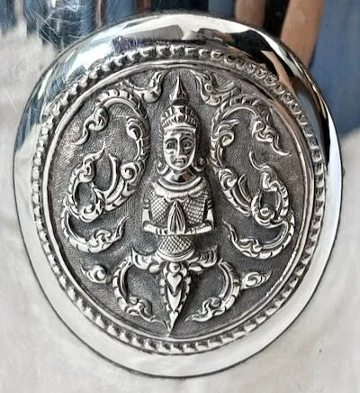 Thai Siam Sterling Silver Tea & Coffee Service with Tray, Repoussé Thep Phanom Medallions, Bangkok, Mid-20th Century