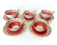 Aynsley Pattern 982 Pink Rose Swag Teacup and Saucer Set, Set of Five, Fine Bone China, England, Early 20th Century