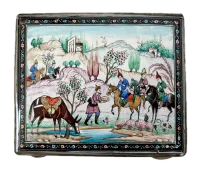 Antique Persian Enamel Cigarette Case with Miniature Painting & Gol-o-Bolbol Floral Panel, Isfahan Work, Early 20th Century