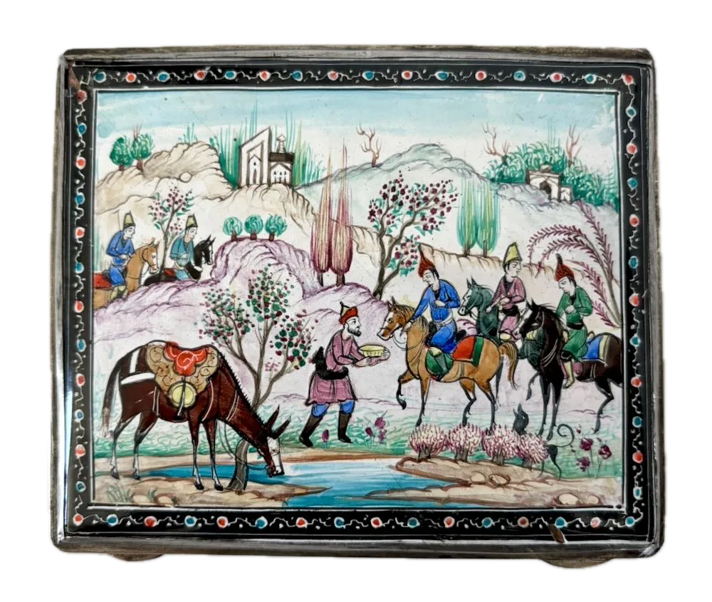 Antique Persian Enamel Cigarette Case with Miniature Painting & Gol-o-Bolbol Floral Panel, Isfahan Work, Early 20th Century