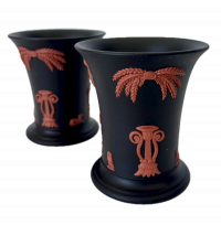 Wedgwood Egyptian Collection Jasperware Vases Black & Terracotta Pair Lyre & Palm Motif 1978