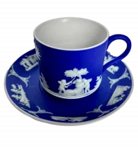 Wedgwood Cobalt Blue Jasper Dip Demitasse Cup and Saucer, Neoclassical Sprig Decoration, Circa 1920s