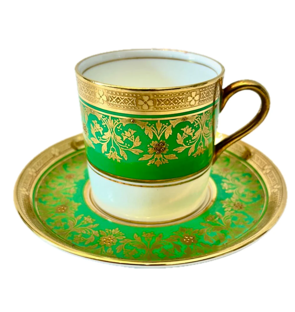 Aynsley Kenilworth Green & Gold Demitasse Cups & Saucers – Pattern 7023
