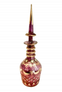Bohemian Amethyst Cut & Enameled Glass Decanter Persian Market Floral & Gilt 20th Century