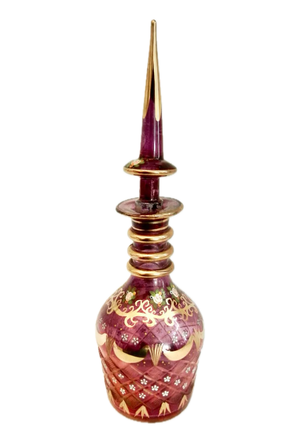 DSCN9188 Background Removed_result - Atelier85 Antiques Bohemian Amethyst Cut & Enameled Glass Decanter Persian Market Floral & Gilt 20th Century