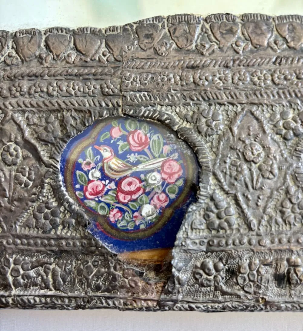 IMG_0710_result - Atelier85 Antiques Persian Qajar Silver Repoussé Mirror with Miniature Paintings & Calligraphy, Iran c.1900