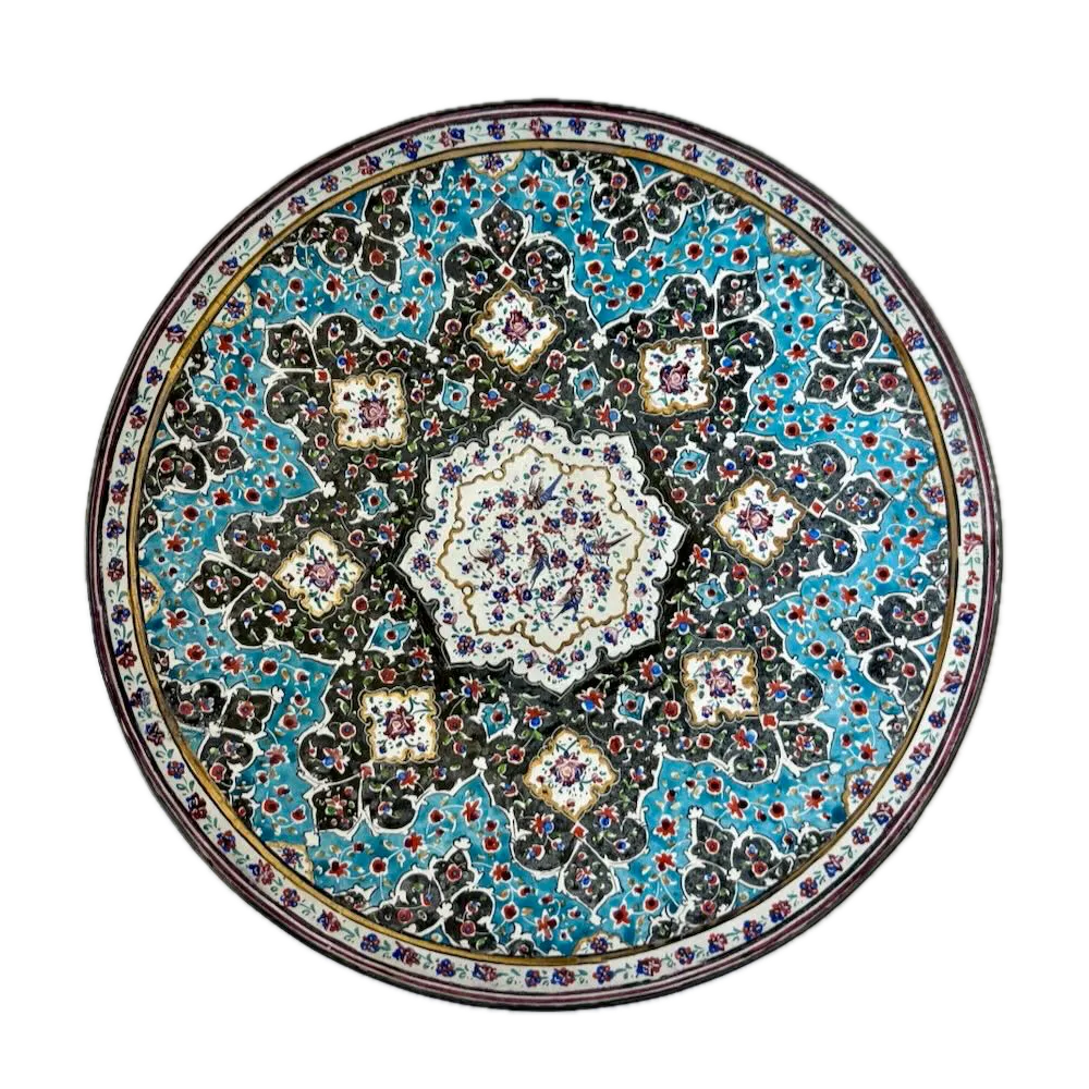 IMG_1043 Background Removed_result - Atelier85 Antiques Persian Minakari Enamel Plate Turquoise Floral Medallion Isfahan Vintage c.1960s 7.125”