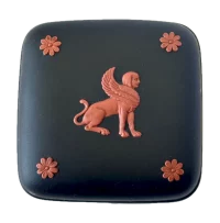 Wedgwood Egyptian Collection, black jasper, jasperware box, Wedgwood lidded box, Egyptian revival, sphinx motif, terracotta relief, Wedgwood 1978, vintage Wedgwood, collectible box, neoclassical design, British ceramics