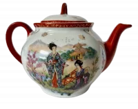 IMG_1239 Background Removed_result - Atelier85 Antiques Japanese Porcelain Teapot Possibly Kutani Geisha Scenic Decoration Red & Gold Early 20th Century