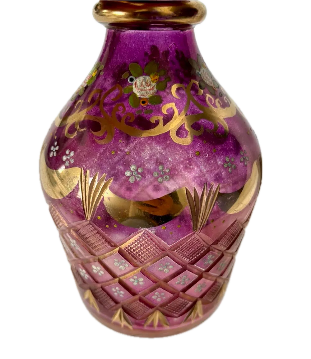 IMG_1250 Background Removed_result - Atelier85 Antiques Bohemian Amethyst Cut & Enameled Glass Decanter Persian Market Floral & Gilt 20th Century