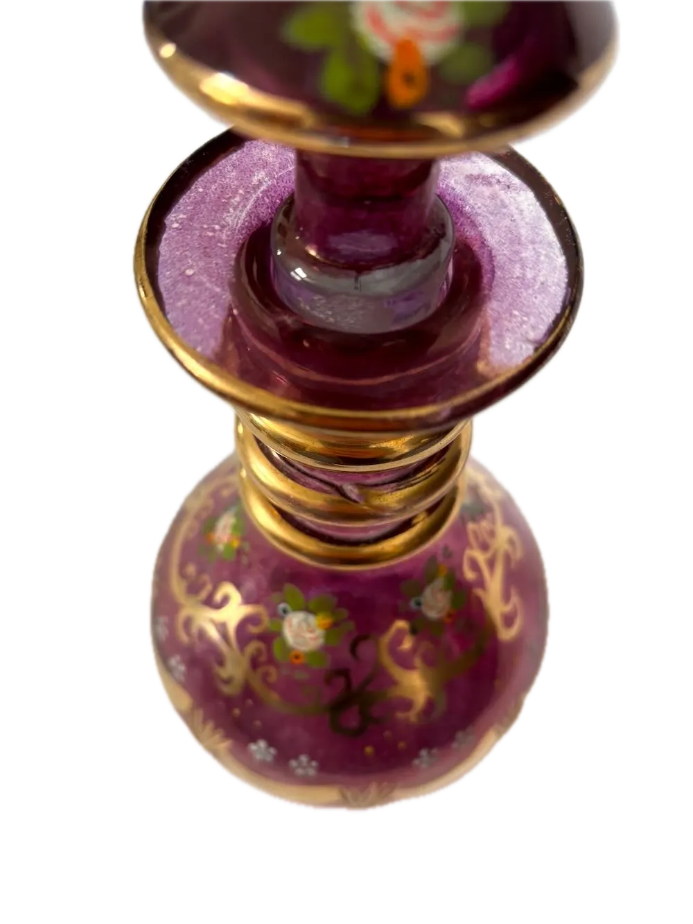 IMG_1251 Background Removed_result - Atelier85 Antiques Bohemian Amethyst Cut & Enameled Glass Decanter Persian Market Floral & Gilt 20th Century