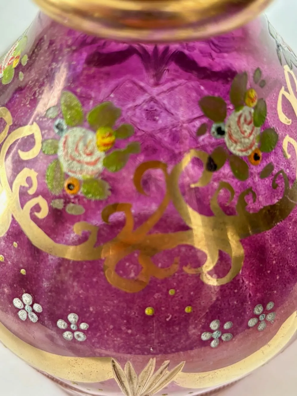 IMG_1253_result - Atelier85 Antiques Bohemian Amethyst Cut & Enameled Glass Decanter Persian Market Floral & Gilt 20th Century