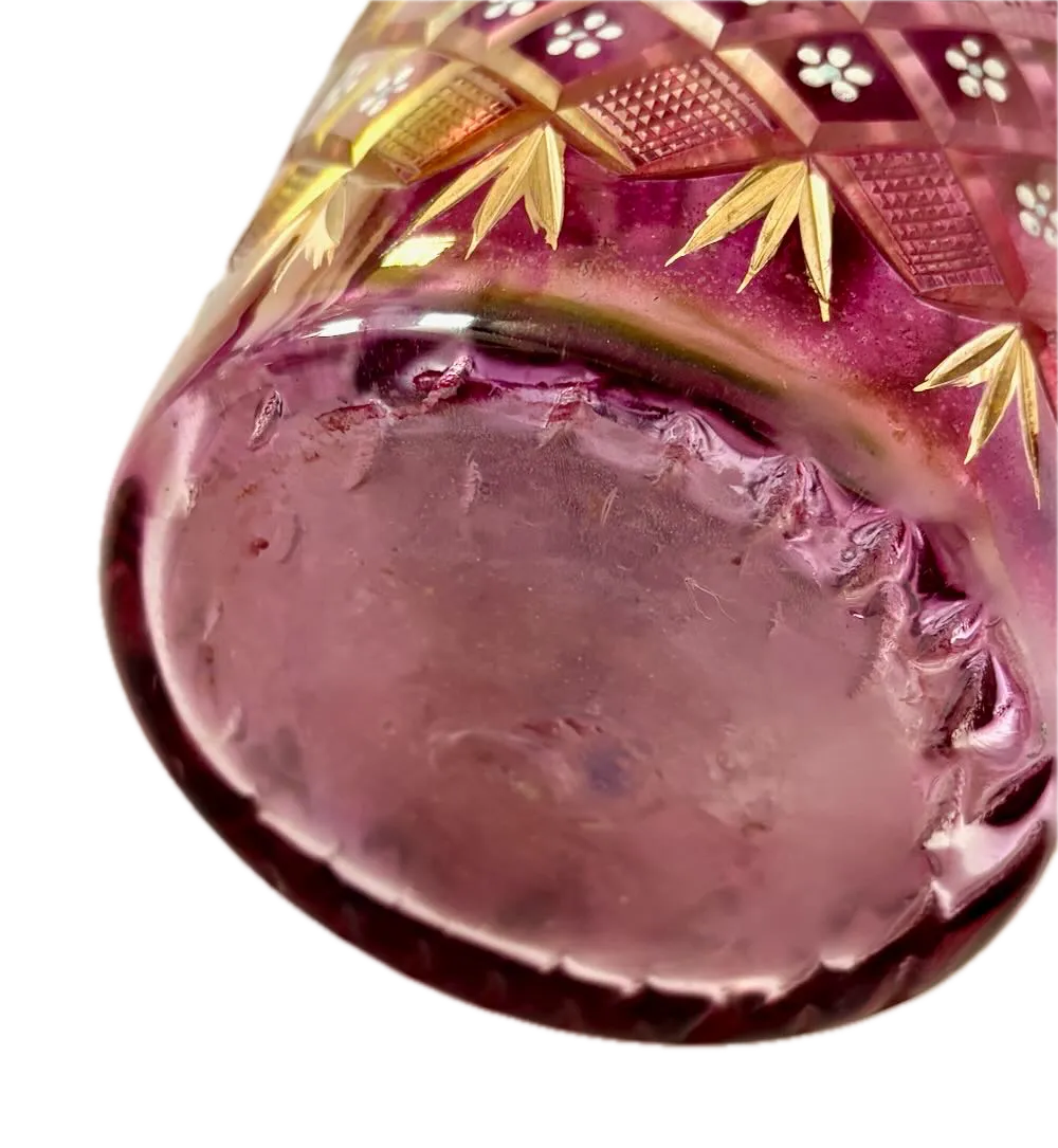 IMG_1254 Background Removed_result - Atelier85 Antiques Bohemian Amethyst Cut & Enameled Glass Decanter Persian Market Floral & Gilt 20th Century