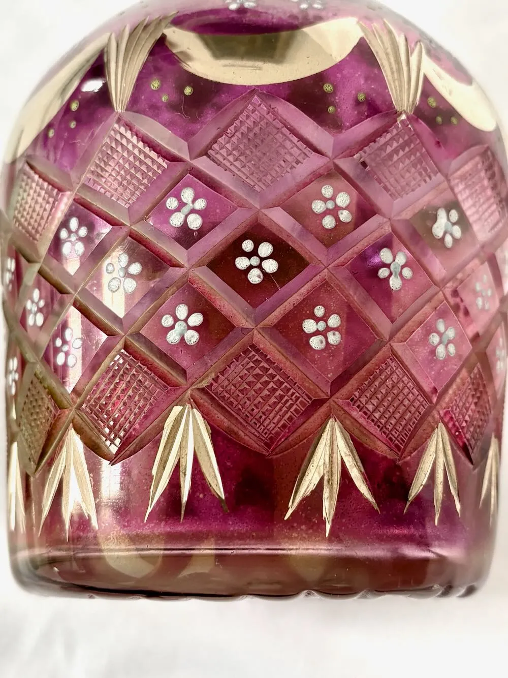 IMG_1257_result - Atelier85 Antiques Bohemian Amethyst Cut & Enameled Glass Decanter Persian Market Floral & Gilt 20th Century