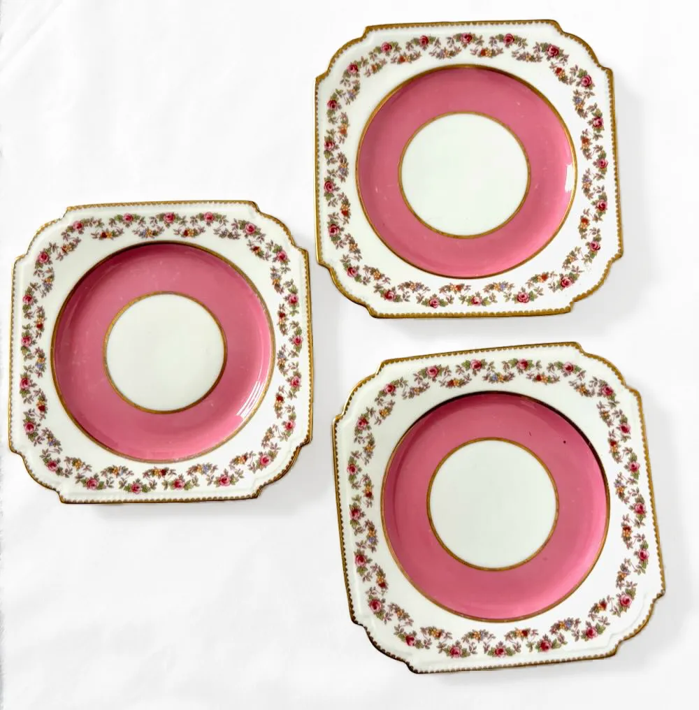 IMG_1259_result - Atelier85 Antiques Aynsley 982 Pink Rose Swag Bread & Butter Plates Set of 3 Small Cake Plates England Antique