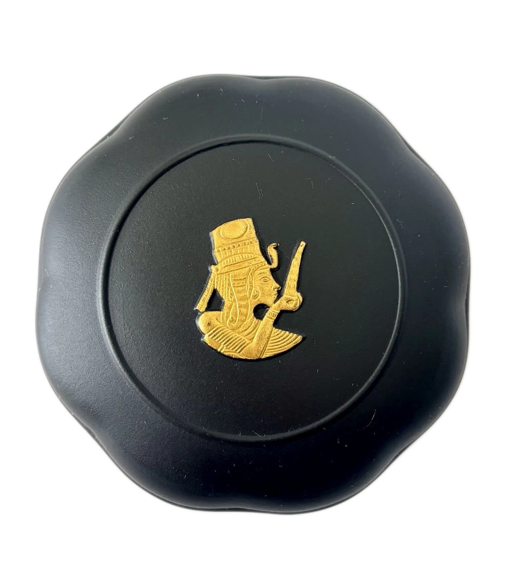 IMG_1304 - Atelier85 Antiques Specifications Maker: Wedgwood Collection: Egyptian Collection Material: Black Basalt with Gilt Decoration Origin: England Date: 1978 (marked) Width: Approximately 3.25 inches (8.3 cm) Height: Approximately 1.5 inches (3.8 cm) Condition: Good vintage condition with light age-related wear