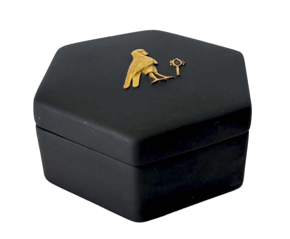 IMG_1330 - Atelier85 Antiques Wedgwood Gilt Black Basalt Egyptian Revival Trinket Box Falcon Motif 1978