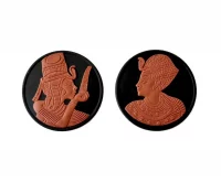 A Pair Set of Round Wedgwood Egyptian Jasperware Plaques 4.5cm – Terracotta Jasper on Black – Tutankhamun & Ankhesenamun