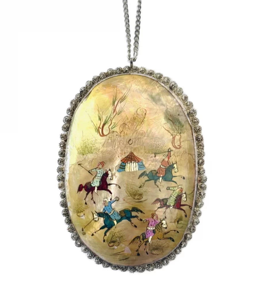 Vintage Persian Miniature Mother of Pearl Pendant Necklace Silver Frame Tehran Iran 1978