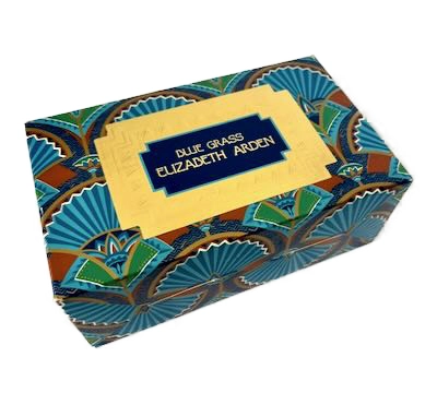 IMG_1584 - Atelier85 Antiques Elizabeth Arden presentation packaging, including the decorative outer box with retail price sticker, interior packaging, and the original unopened Blue Grass Bath Oil Crystals packet