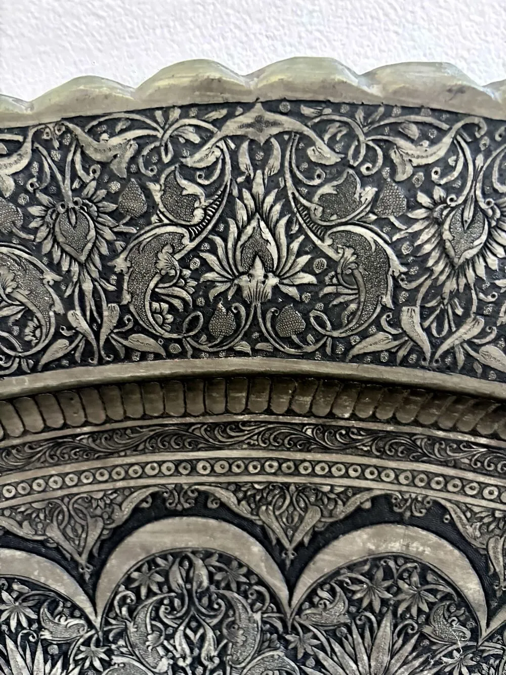 IMG_1663_result - Atelier85 Antiques Monumental Persian Isfahan Ghalamzani Tabletop 39” Hand-Engraved Mid 20th Century