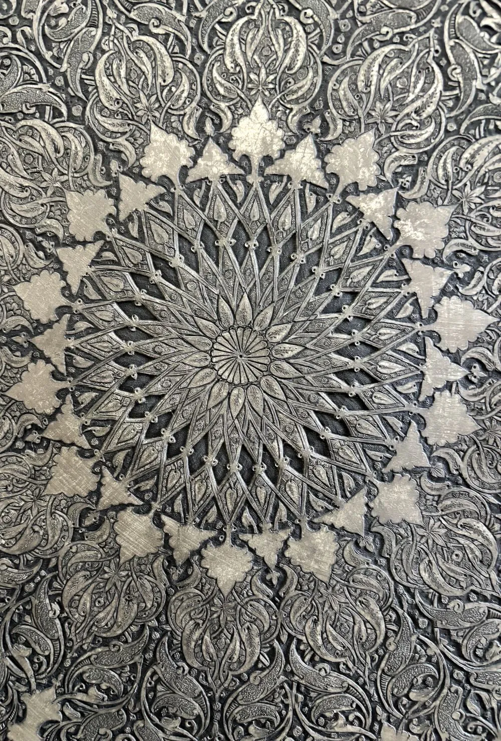 IMG_1664_result - Atelier85 Antiques Monumental Persian Isfahan Ghalamzani Tabletop 39” Hand-Engraved Mid 20th Century