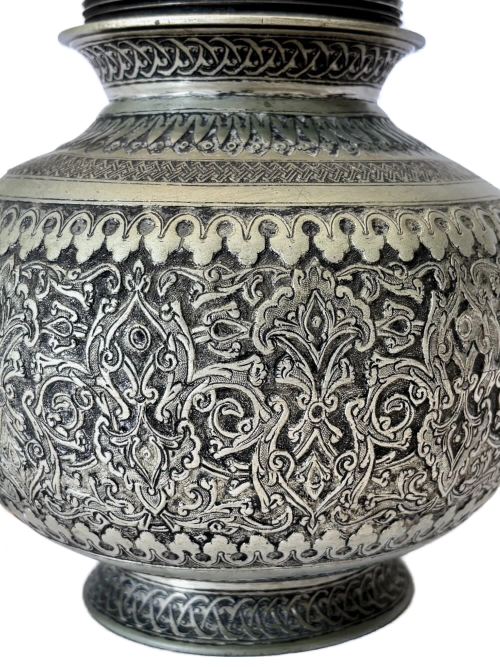 IMG_1688 - Atelier85 Antiques Antique Persian Engraved Metal Vessel with Screw-Top Lid & Hidden Khorshid Motif