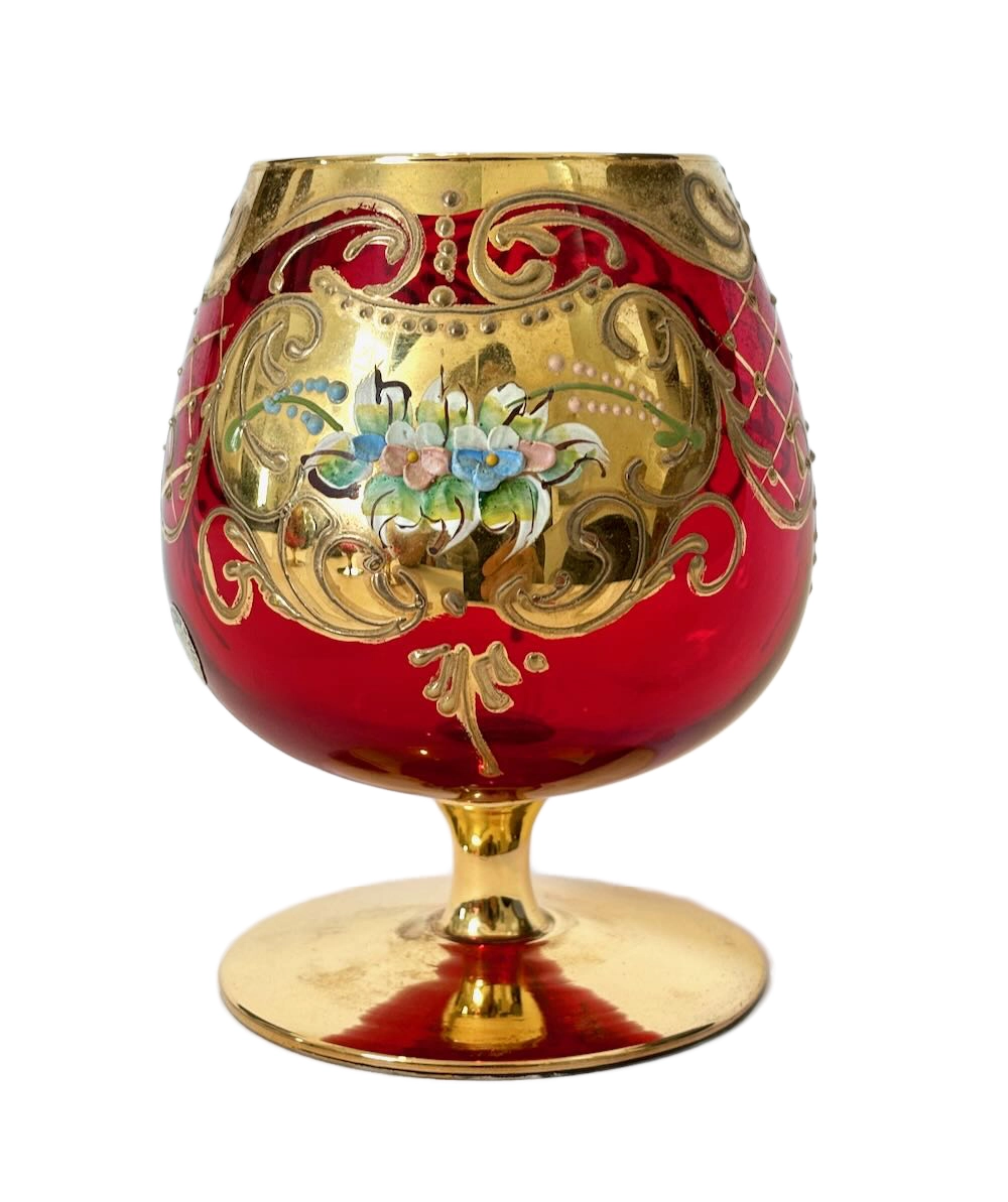 Vintage Murano Ruby Red Gold Enamel Brandy Glasses Set of 4