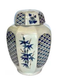 Vintage Japanese Blue & White Crackle Glaze Hexagonal Ginger Jar