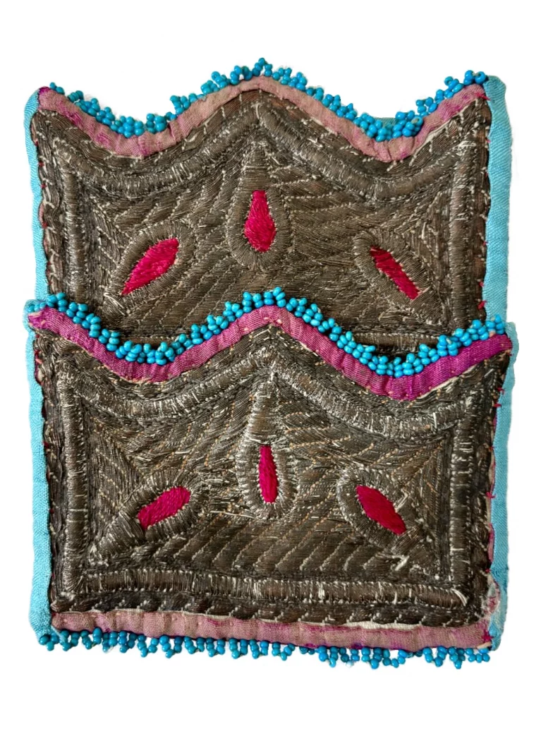 Persian Dah-Yek-Duzi pouch with laid metal thread embroidery and beadwork