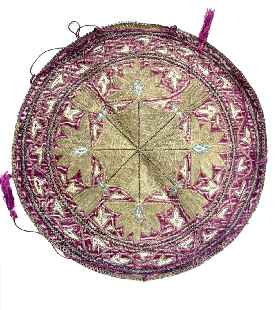 Persian Dah-Yek-Duzi sugar cover embroidered with laid metal thread and geometric motifs