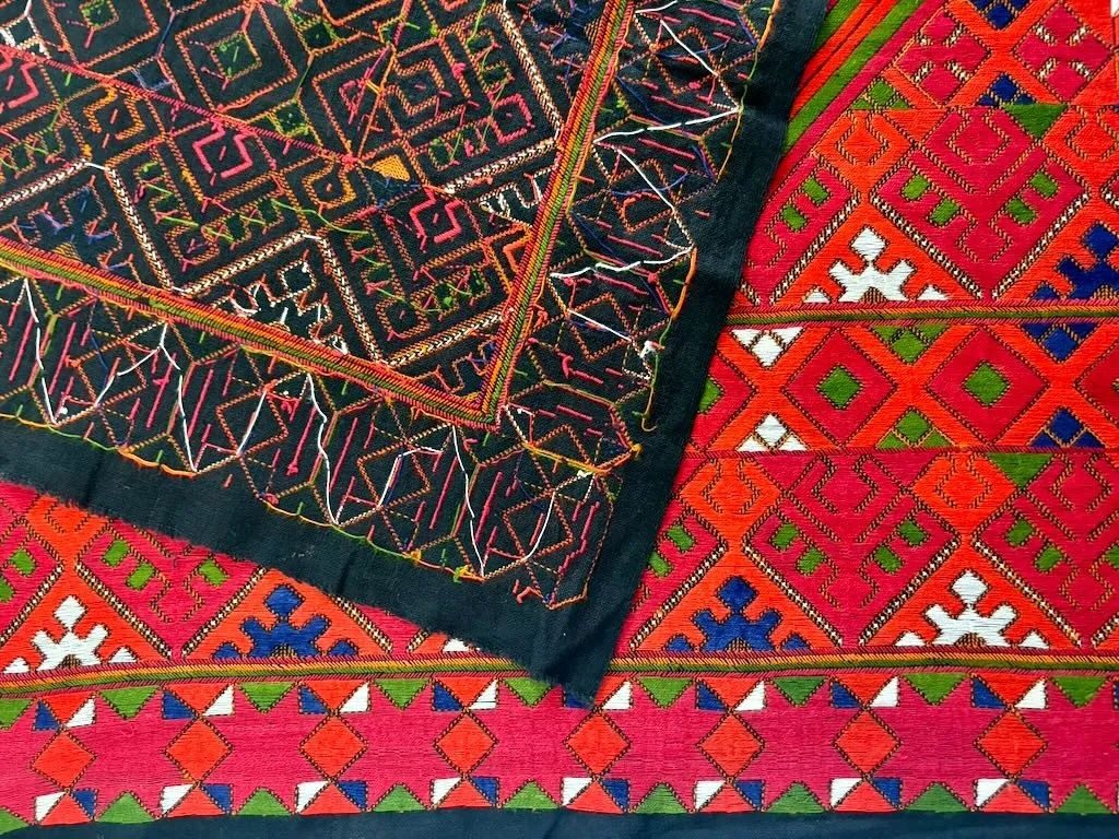 IMG_2120 - Atelier85 Antiques Baluchi geometric embroidery panel with colorful traditional motifs on a dark textile ground