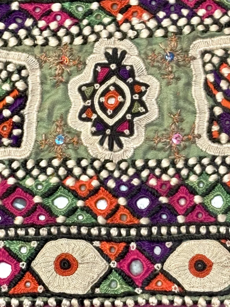 Close-up of Persian embroidery featuring mirror work, geometric motifs, and raised silk stitching