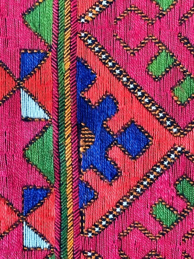 Geometric Persian embroidery worked with colorful silk threads and fine outlining stitches
