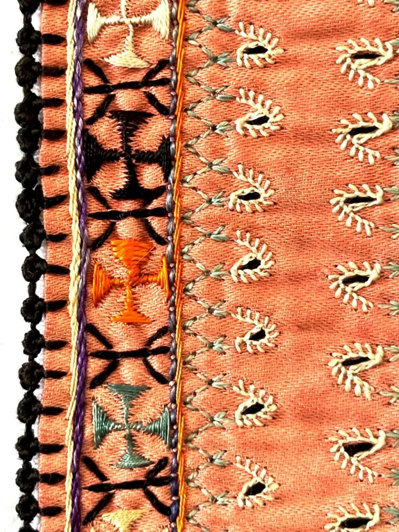 Traditional Persian embroidery showing decorative borders, chain stitches, and openwork details