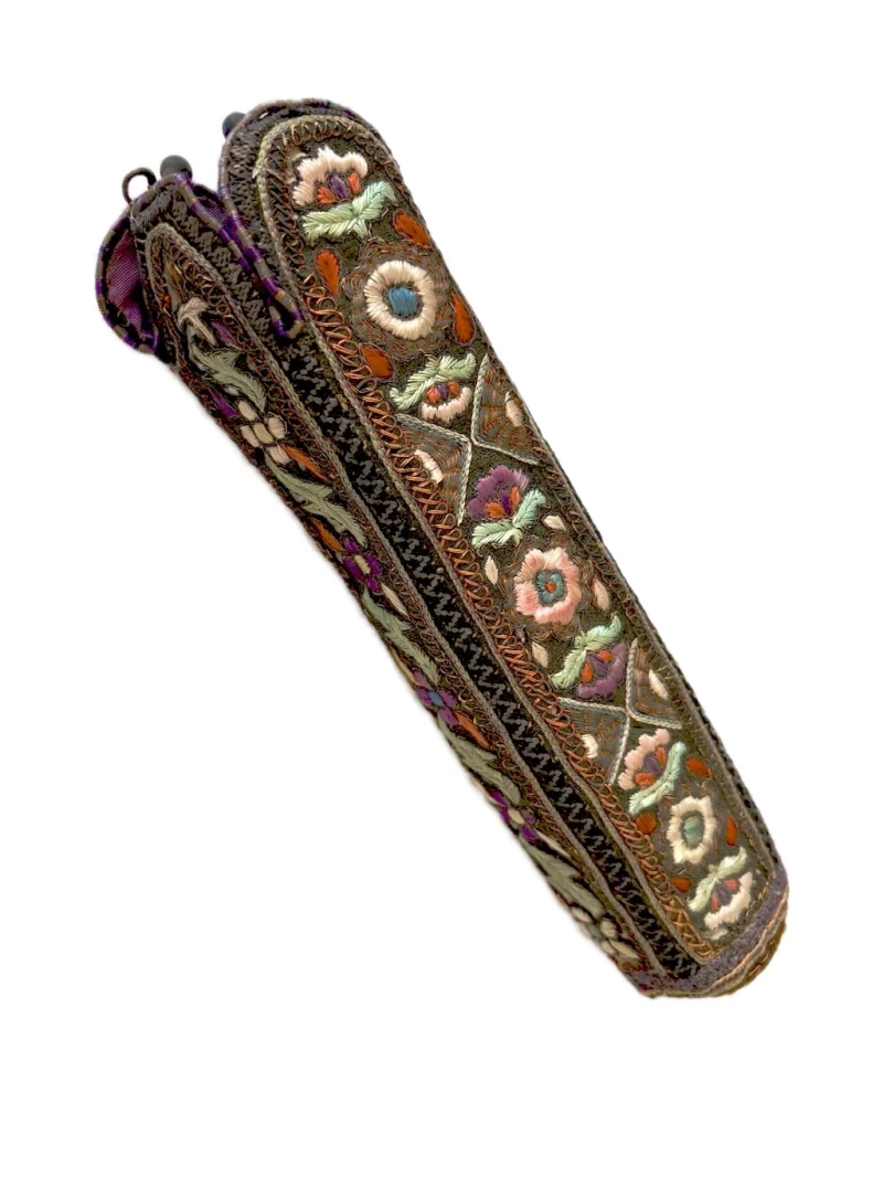 Persian embroidered qalamdan pen case decorated with floral silk embroidery and metallic threadwork